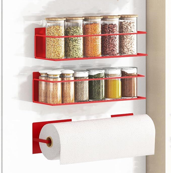 Magnetic Spice Rack For Refrigerator, Space Saving Magnetic Shelf For Fridge Red 2 Pack With Magnetic Paper Towel Holder by Roysili