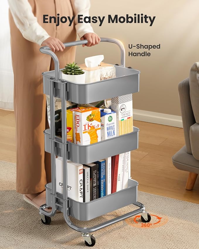 Pipishell Metal 3 Tier Rolling Cart with Handle & 2 Lockable Wheels, Gray | Four Large 2" Wheels for Easy Motion, Sturdy Metal, Hold 22 lbs per Shelf, Ideal for Nursery Room, Living Room, Painting Room - Image 3
