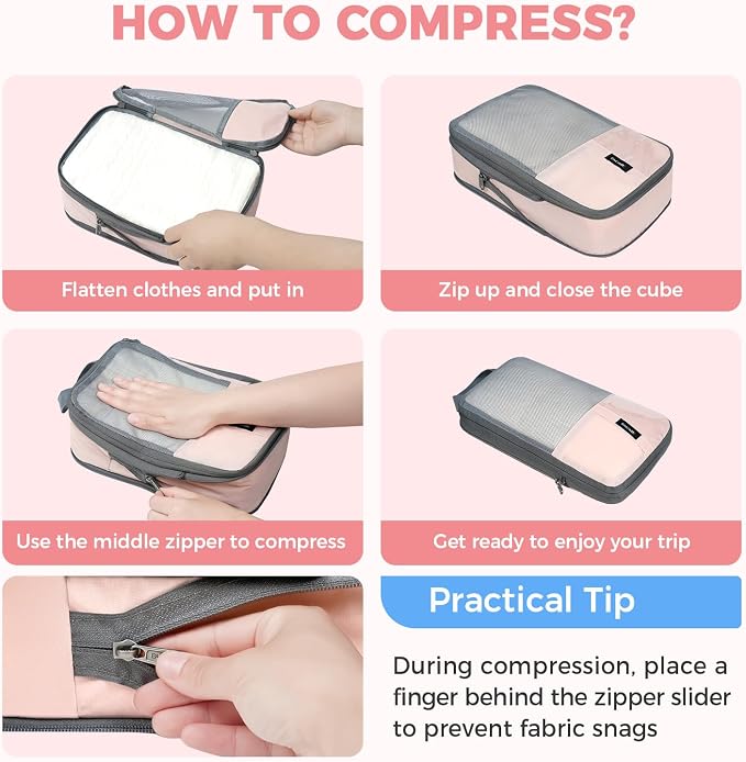 BAGAIL Lightweight Compression Packing Cubes for Travel, 6 Set, Pink | Salis Nylon Fabric,Anti-Tearing,Save Space,SBS Zippers,Packing List,PVC Tag Pocket,Custom Labels,Visible Mesh,Portable Handel - Image 6
