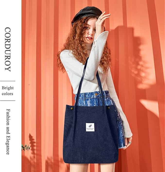 LHMTQVK Corduroy Tote Bags for Women, Large Capacity Tote Purse Reusable Grocery Shoulder Bag with Inner Pockets - Image 6