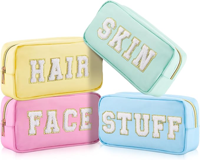 Preppy Makeup Bags Chenille Letter Stuff Bag Nylon Cosmetic Pouch Cases with Zipper for Women Travel Toiletry(Pastel Color,Classic,4 Pcs) by Cunno