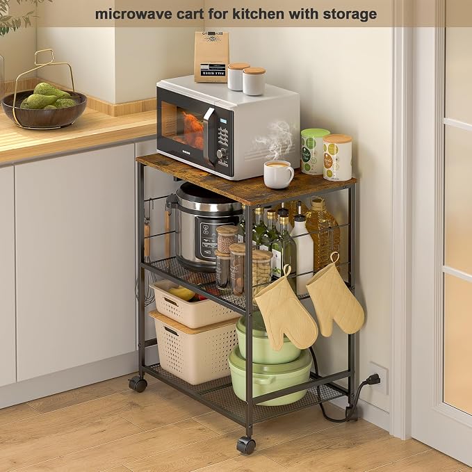 ThreeHio Rolling Kitchen Microwave Cart with Power Outlet, 3 Tier Microwave Table Stand with Storage, Kitchen Utility Cart on Wheels, Small Coffee Cart Shelf Rack Organizer for Living Room Office - Image 7