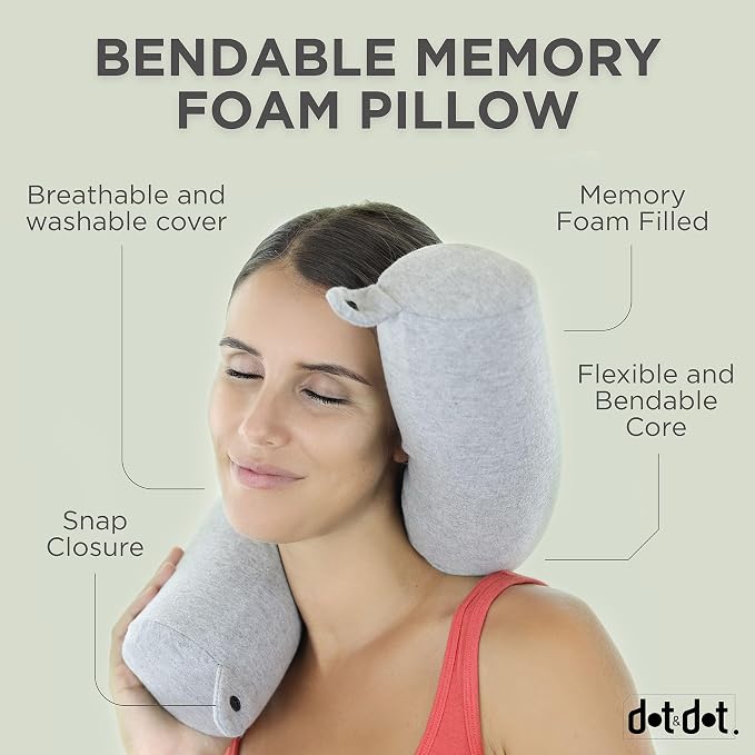 Dot&Dot Twist Memory Foam Travel Pillow, Bendable Neck Pillow for Airplane, Car and Home, 26-Inch Adjustable Roll with Washable Cotton Cover, Gray - Image 3
