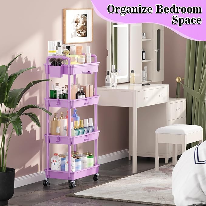SUNALLY 4 Tier Rolling Cart with Drawer,Craft Storage Cart Organizer,Purple | Bathroom Storage Organizer with 2 Lockable Wheels, Rolling Utility Cart for Kitchen, Office, Baby, Makeup, Nail,Snack,Laundry - Image 7