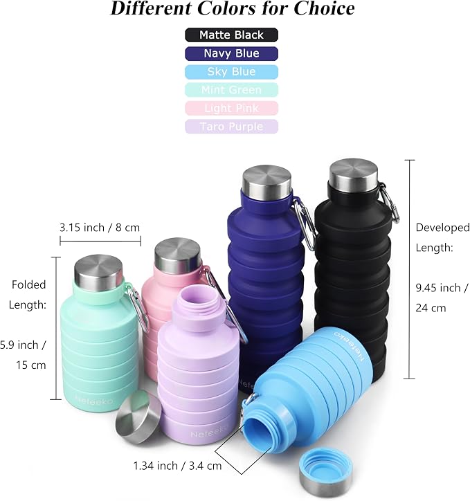 Nefeeko Collapsible Water Bottle, 27oz Reuseable BPA Free Silicone Foldable Portable Leak Proof Sports Water Bottle with Carabiner for Travel Gym Camping Hiking | Foldable Water Bottles for Travel Gym Camping Hiking, Portable Leak Proof Sports Water Bo... - Image 6