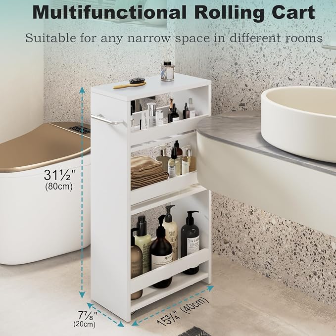 MARTY Slim Rolling Storage Cart, Wood Utility Kitchen Bathroom Laundry Cart | 4 Tier Kitchen Cart with Wheels Handle, Laundry Room Organization Between Washer and Dryer, Narrow Storage Cabinet, 8” Wide - Image 4