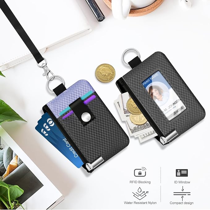 Minimalist RFID Blocking Small Wallet with ID Window,WaterResistant Zip Id Case Wallet with Lanyard Keychain for Cards,Cash,Travel,Women,Men (DarkGrey/Lavender Purple) - Image 8