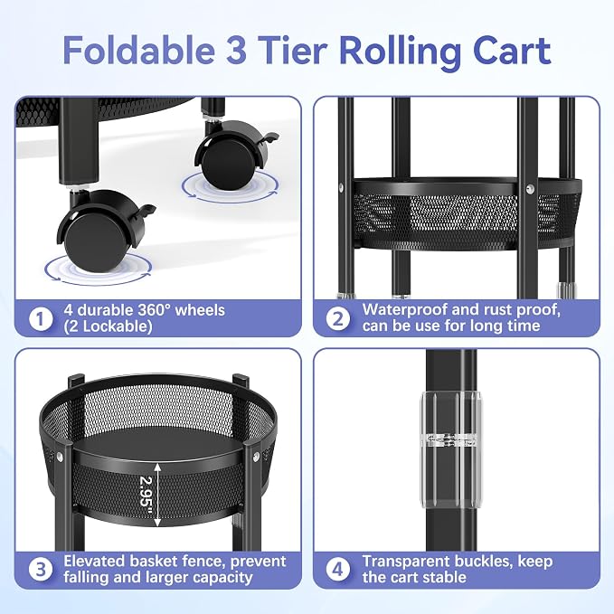 TOOLF 3 Tier Foldable Rolling Cart, Metal Utility Storage Cart, Black | Assembly-Free, Lockable Wheels, Round Trolley Organizer for Bathroom, Kitchen, Office, Dorm, Laundry, Craft Room - Image 3