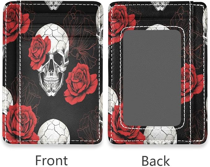Front Pocket Minimalist Leather Slim Wallet Credit Card Holder Skull Red Poppy Flower Floral for Men & Women - Image 2