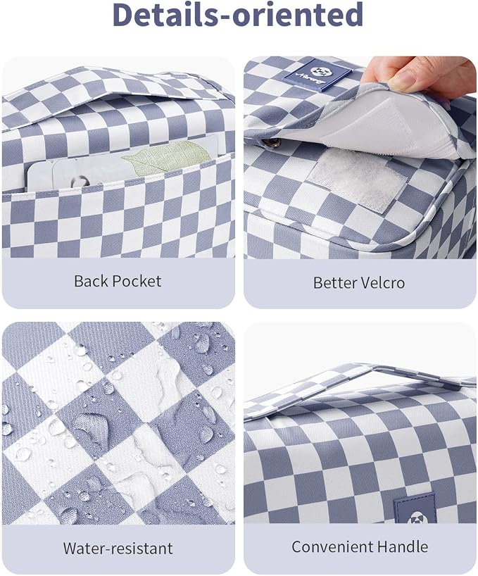 Narwey Small Hanging Travel Toiletry Bag for Traveling Women, Checkered Travel Bag for Toiletries, Makeup Bag Organizer Make Up Cosmetic Bags, Gifts for Kids Teen Girls (Grayish Blue Checkerboard) - Image 5