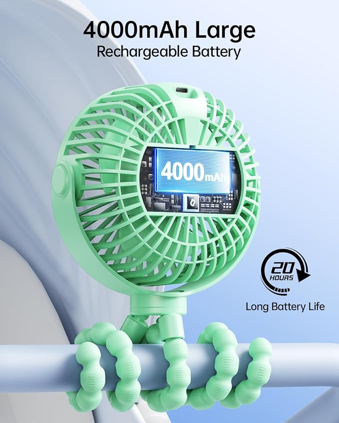 SWEETFULL Portable Stroller Fan with LED Display, 4 Speed Rechargeable Mini Clip On Fan, 360° Rotate Flexible Tripod Better Cooling Small Baby Fan for Car Seat Crib Travel Bike Treadmill (Green) - Image 5