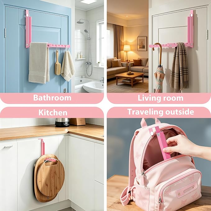 Pink Over the Door Hooks,Foldable Over the Door Hanger for Clothes | Heavy-duty for up to 1 3/4" thick door, with 10 slots for hanging clothes, perfect for laundry rooms and bedrooms to hang - Image 8