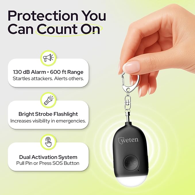 Rechargeable Personal Alarm Keychain for Women, 130dB Siren, Black | LED Light, Stylish Safety Alert for Women to Carry, Panic Button or Pin Activated Rape Whistle for Self Defense - Image 2