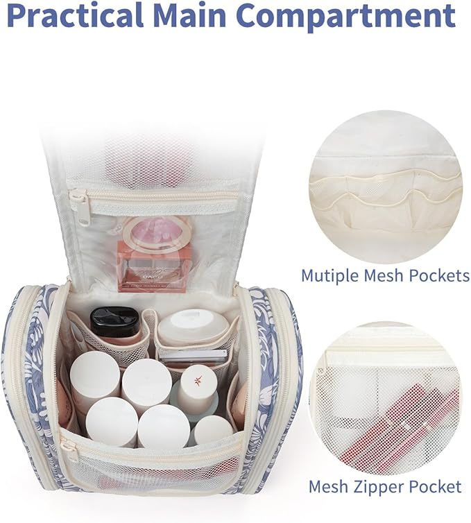 Narwey Small Hanging Toiletry Bag Women Travel Makeup Bag Organizer Toiletries Bag for Travel Size Essentials Accessories Cosmetics (Medium, Blue Leaf) - Image 3