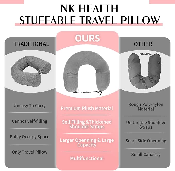 Stuffable Neck Pillow for Travel, Packable Neck Pillow (Grey-Checkerboard) | Velvet cover, Stuff with clothes to save luggage space, No extra baggage fees, Fits 5+ days travel essentials, Zipper closure - Image 6