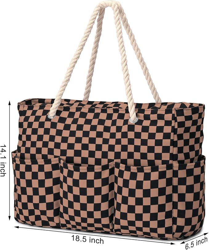 Becokan Beach Bags for Women Canvas Large Beach Tote Bag Zipper Waterproof Sandproof Foldable Swim Pool Bag with 7 Pockets - Image 6