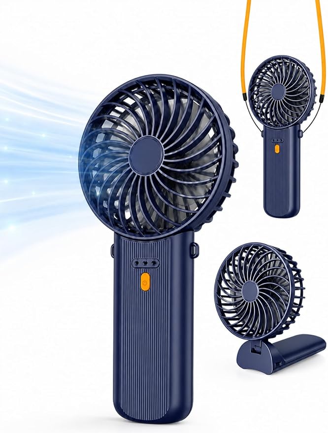 Portable Mini Fan, Quiet Foldable Fan with Lanyard (Navy Blue) | 4 Speeds, 15H Rechargeable Battery, Portable Pan for Travel, Home, Office, Outdoor, Makeup, Women, Men, Navy Blue by Unknown