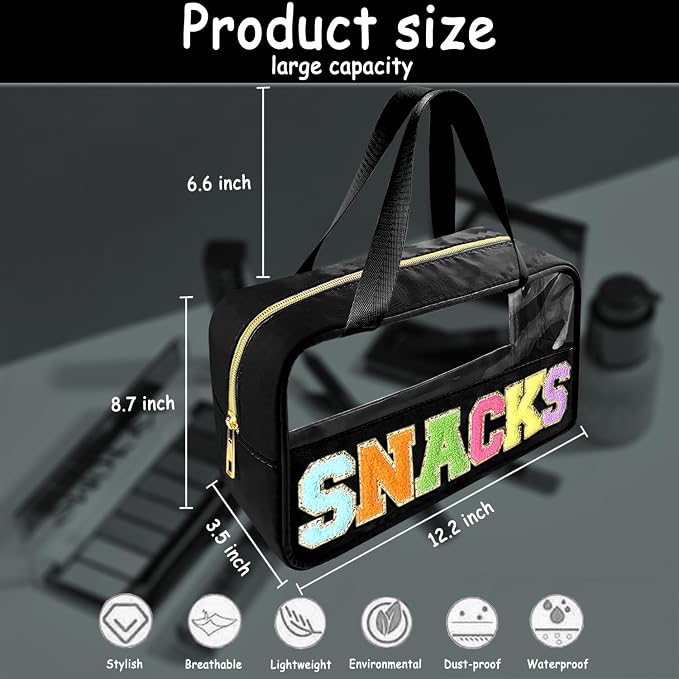 Bunliuys Chenille Letter Clear Makeup Bag Snacks Patch, Travel Toiletry Makeup Bag with Handle, Nylon Waterproof Makeup Bags clear cosmetic bag, preppy patch makeup bag for Women (SNACKS-Black) - Image 2