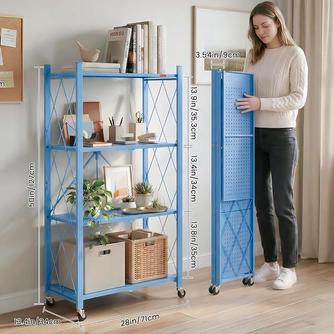 DEANIC 4 Tier Foldable Storage Shelves with Wheels, Large Capacity Shelving Unit, Freestanding Metal Wire Shelf Rack, No Assembly Organizer Rack for Garage Kitchen, Basement, Pantry(Blue Pack of 2) - Image 2