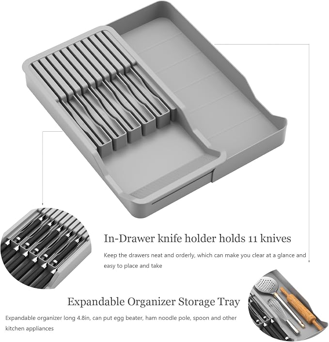 Expandable Drawer Knife Insert Organizer - Plastic Knife Storage Tray for Kitchen Drawers, Adjustable to Fit 11 Knives & Utensils, BPA-Free, Ventilated, Space-Saving, Easy to Clean - Image 3