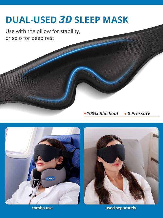 SARISUN Travel Neck Pillow for Airplane, Combo 3D Eye Mask and Seat Strap | 360°Airplane Sleep Support,Premium Memory Foam,Adjustable Buckle,Travel Essential for Long-Haul Flights,Car Road Trip Grey - Image 6