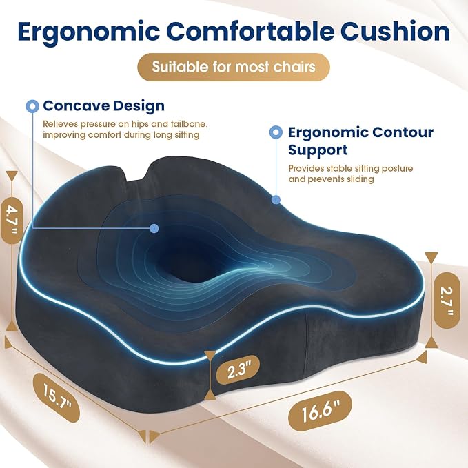 Memory Foam Seat Cushion for Office Chair & Car Seat, Grey | for Office Chair, Car Seat, Relieving Pressure Tailbone Sciatica Back Pain for Long Sitting Office Workers, Car Drivers - Image 2