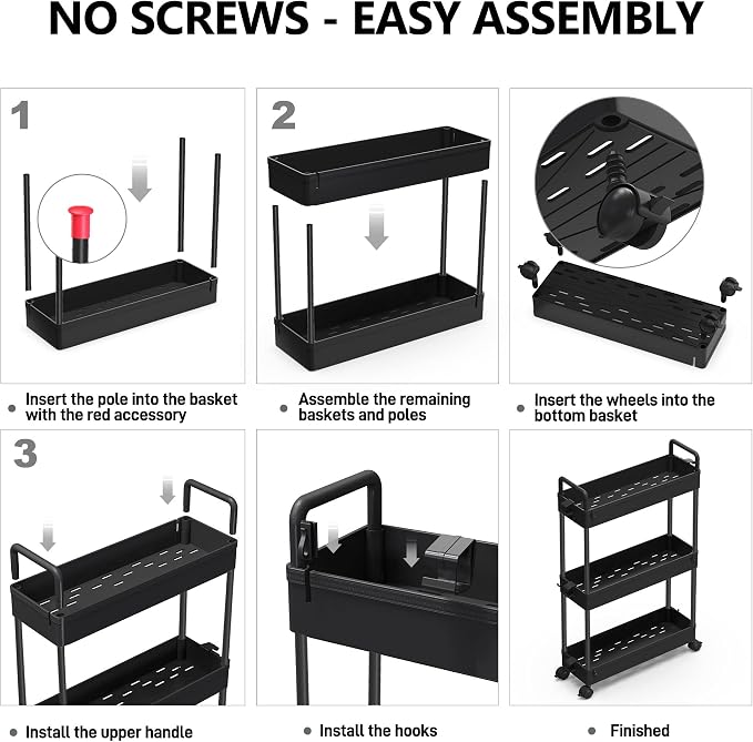 SOLEJAZZ Slim Rolling Storage Cart Skinny Bathroom Organizer, 3 Tier, Black | Thin utility cart with wheels for bathroom, laundry room, bedside, kitchen, dorm, office, next to fridge, small narrow places - Image 7