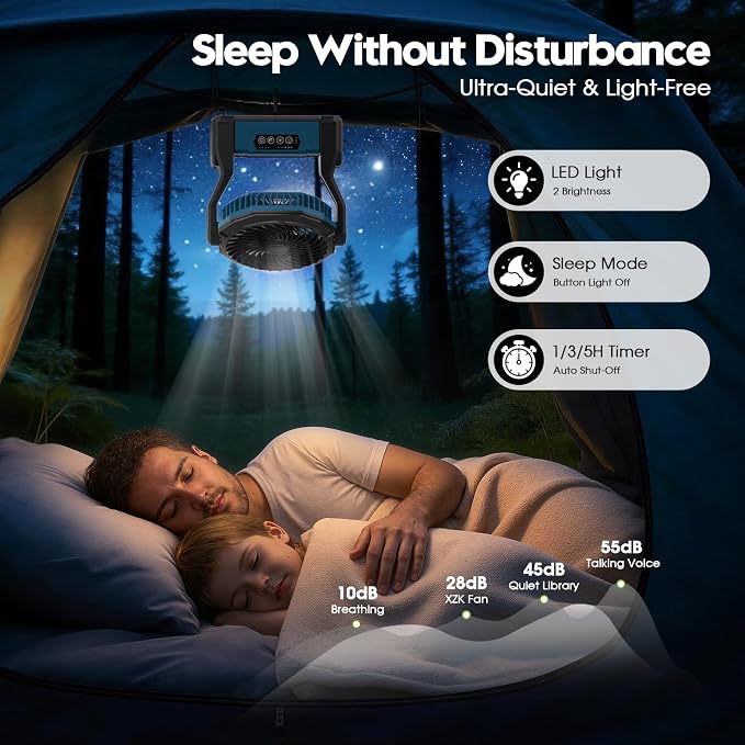 XZK 24000mAh Rechargeable Camping Fan, Battery Powered Portable Travel Fan | 64H Runtime, LED Light, Quiet Desk Fans for Indoor,Outdoor,Fishing,Jobsite & Hurricane Emergency, Gifts for Men Dad Him - Image 4