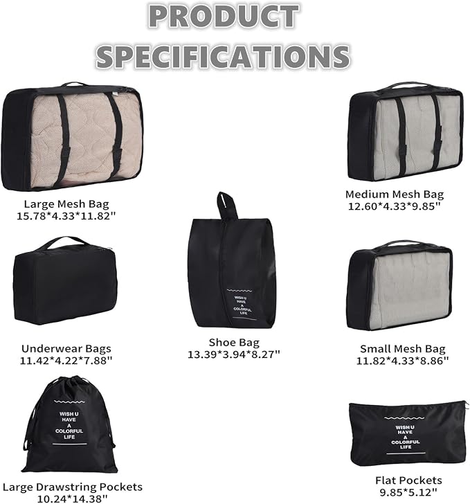 7 Set Packing Cubes for Travel,Suitcase Organizer Bags for Luggage with Shoe Bag, Vacation Travel Essentials & Accessories for Cruise Ship, Airplane Must-Have,Road Trip & Camp Gifts(Black) - Image 2
