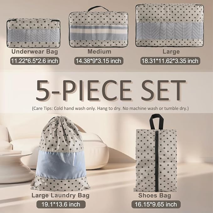 U+U 5 Set Packing Cubes, Travel Organizers with Shoe Bag (Brown Polka Dot) | Ultralight Design & Easy Travel Organization - Image 3