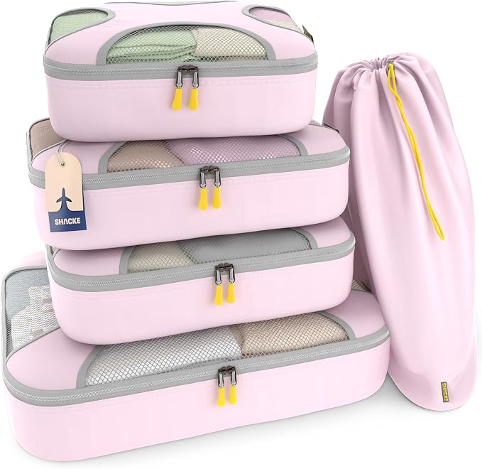 Shacke 5 Set Packing Cubes for Travel with Laundry Bag (Petal Pink) | Suitcase Organizer Bags Set: 4 Water-Resistant Luggage Cubes, XL to Small, + Laundry Bag for Carry-On or Checked by Shacke
