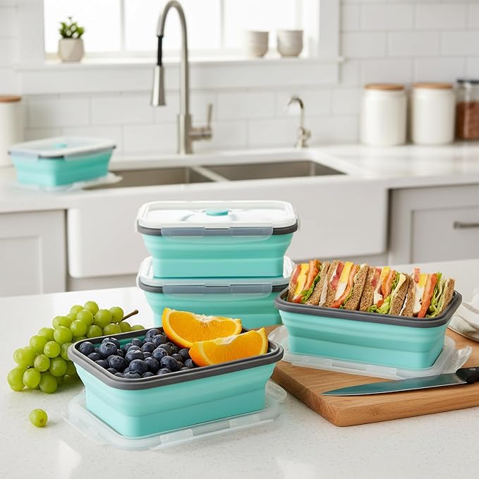 Collapsible Silicone Food Storage Containers Set with Lid & Air Vent,Foldable Lunch Containers(4PCS,Light Turquoise,27oz) - Image 5