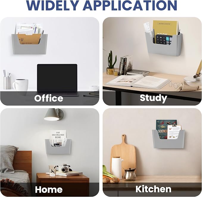 JOMOLA No Drilling File Holder 5 Pack Mail Organizer Wall Mount File Organizer Holder Office Wall Hanging Files Magazines Organizer Plastic Door Mount Wall Pocket with Adhesive Pad, Grey Color - Image 5