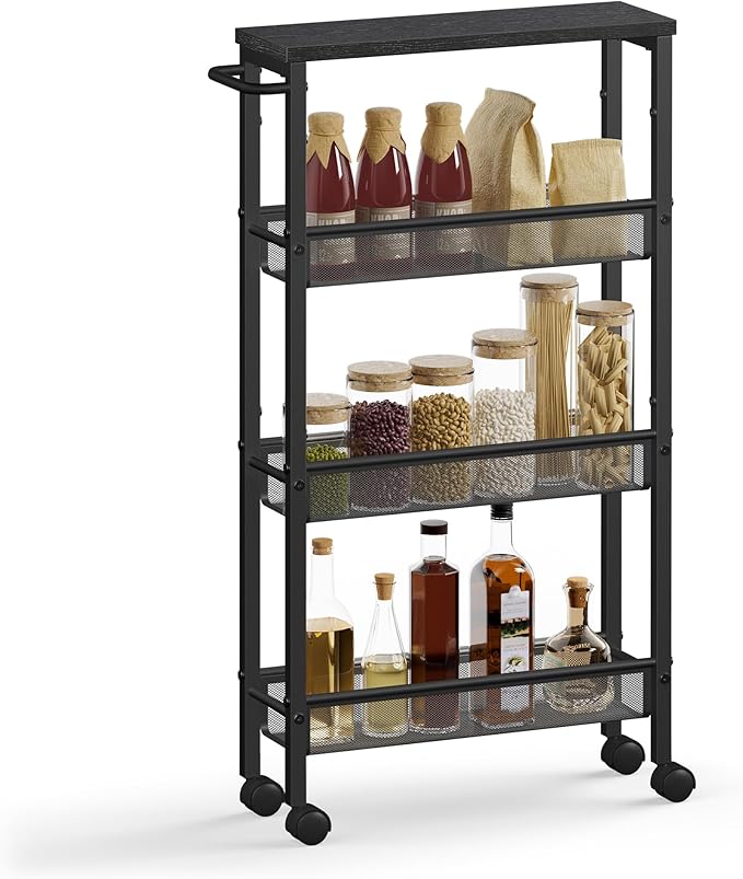 VASAGLE Slim Rolling Cart, 4-Tier Storage Cart, Narrow Cart with Handle, 5.1 Inches Deep, Metal Frame, for Kitchen, Dining Room, Living Room, Home Office, Ebony Black and Classic Black ULRC032B04 by Unknown