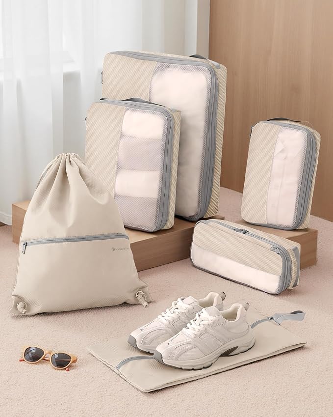 6 Set Compression Packing Cubes for Travel, Bonus Versatile Drawstring Backpack, Lightweight Luggage Organizer Bags, Sturdy Travel Accessories for Suitcase, Beige - Image 7