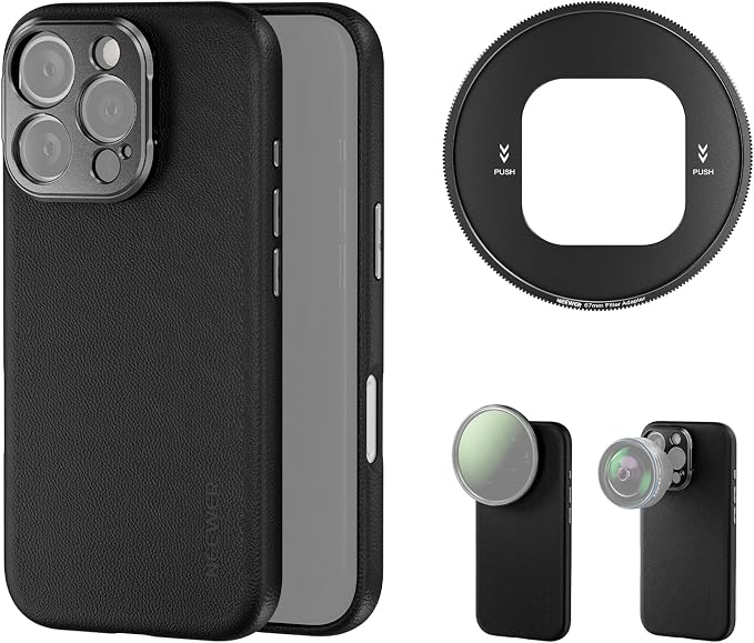 NEEWER Phone Case for 16 Pro, TPU/PC Protective Heavy Duty Case with 17mm Lens Mounts, 67mm Thread Filter Adapter, Nonslip Faux Leather, Compatible with iPhone 16 Pro MagSafe, PA083 Black by Neewer