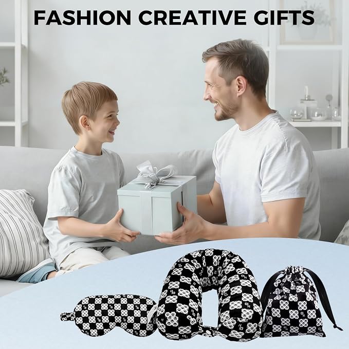 Travel Pillow with Detachable Flannel Blanket & Eye Mask – Plush Velvet Neck Support Pillow for Airplane,Car,Office Rest,Coordinated Digital Print Set (Black Dog Claw Grid, 50in * 60 in) - Image 7