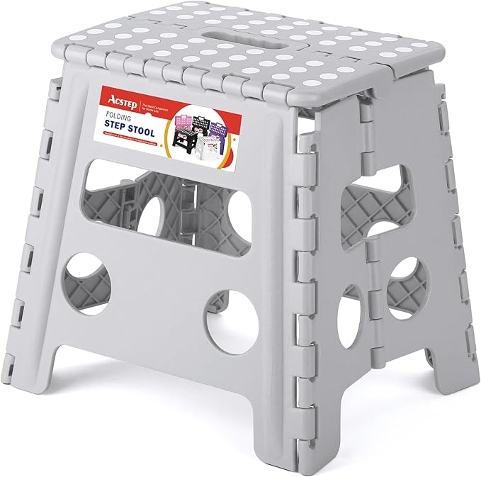 13" Folding Step Stool, Non-Slip Foldable Stools for Adults, Gray | Heavy Duty Portable Collapsible Foot Stepping Stool, Holds 300 lb for Kitchen Bathroom Outdoor, Lightweight, Built-in Handle by ACSTEP