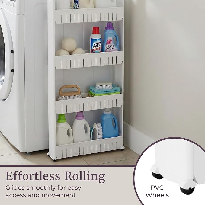 Lavish Home Slim Rolling Storage Cart, White, 21.5” x 5” x 52” - Image 7