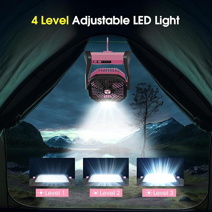 Peouix Portable Rechargeable Fan, 20000mAh Cordless Battery Powered Camping Tent Fans with LED Lantern, Operated Outdoor Ventiladores for Travel Camp Fishing Office Home Essentials | Pink - Image 5