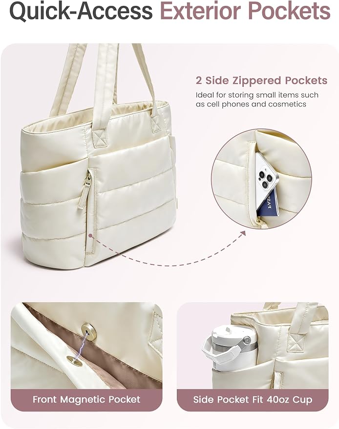 Uselike Tote Bag for Women with Zipper, Quilted Puffer Tote Bag with Compartments, Lightweight Puffy Work Bags for Women - Image 4