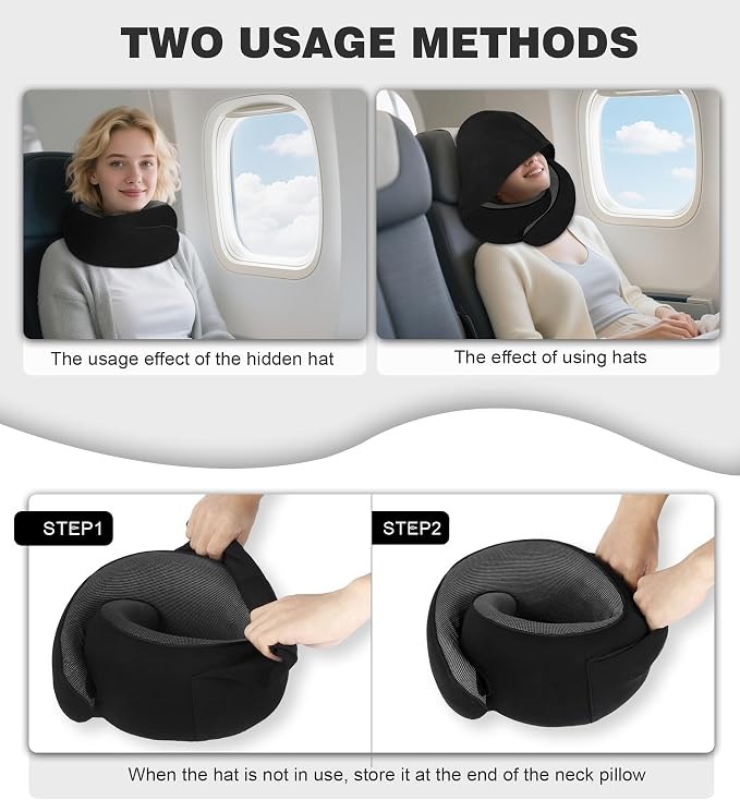 Travel Neck Pillow, Newly Upgraded Hooded Neck Pillow, 100% Pure Memory Foam Travel Pillow for Flight Headrest Sleep,Portable Aircraft Accessory,Suitable for use in Plane/Car/Office(Black) - Image 4
