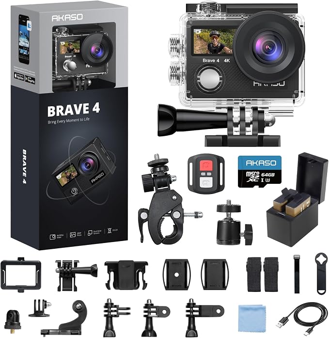 AKASO Brave 4 Action Camera 4K 30fps with 64GB MicroSD Card Bundle | 20MP EIS WiFi 170° FOV 5X Zoom Waterproof Underwater Camera for Snorkel, Travel, Bicycle, Helmet, Motorcycle Accessories Kit by AKASO