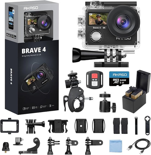 AKASO Brave 4 Action Camera 4K 30fps with 64GB MicroSD Card Bundle | 20MP EIS WiFi 170° FOV 5X Zoom Waterproof Underwater Camera for Snorkel, Travel, Bicycle, Helmet, Motorcycle Accessories Kit by AKASO