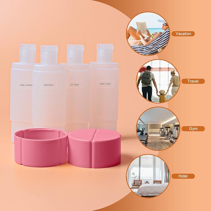 Travel Bottle, TSA approved 4-in-1 Leak-Proof Bottle, 4 * 60ml/2oz, with 2 Pre-printed Labels for Travel Gym Camping, Carry-On Travel Size Toiletries Shampoo Lotion Bottle(Pink+Orange+Blue+Purple) - Image 6