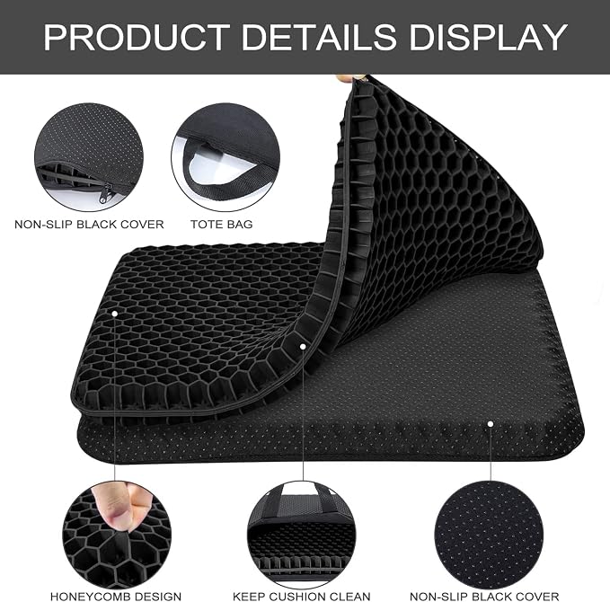 Gel Seat Cushion, for Long Sitting -Double Thick Gel Seat Cushion Breathable Honeycomb Chair Cushion with Non-Slip Cover for Office Chair Car, Wheelchair, Long Trips,Relief Sciatica Pain - Image 3