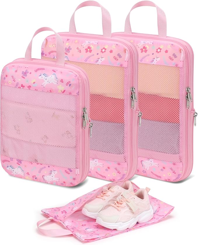 Kids Compression Packing Cubes - 4 PCS Travel Sets, Pink Unicorn | Water Resistant 4 Piece Set with Shoe Bag, Toddler Suitcase Organizer Set, Expandable Storage for Luggage by BrainyBees