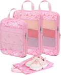 Kids Compression Packing Cubes - 4 PCS Travel Sets, Pink Unicorn | Water Resistant 4 Piece Set with Shoe Bag, Toddler Suitcase Organizer Set, Expandable Storage for Luggage by BrainyBees