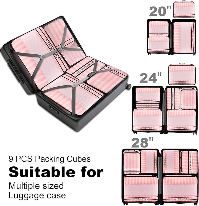 9 Set Packing Cubes Luggage Packing Organizers for Travel Accessories Space Saving Travel Bags for Carry On, Lightweight Mesh Zipper, Clothes, Shoes and Laundry Bag, Suitcases (Pink Streak) - Image 5