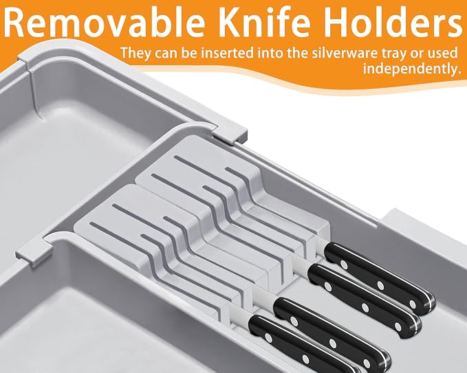 Homecor Large Utensil Organizer for Kitchen Drawer, Expandable Silverware Drawer Organizer Cooking Tray, Cutlery and Flatware Utensil Holder Kitchen Spatula Tools Storage with 3 Dividers, Grey - Image 5
